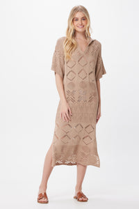 Fountain Crochet Pattern Long Dress With Collar Beige