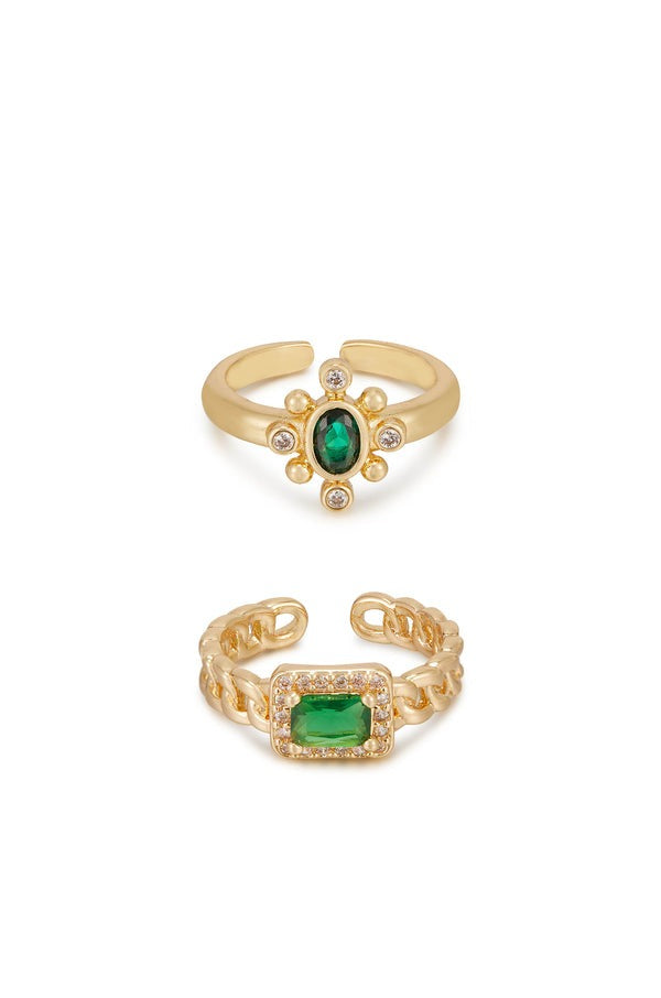 Emerald Green 18k Gold Plated Crystal Ring Set One Size