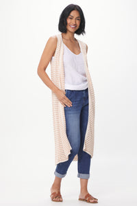 Flamingo Stripe Crochet Knit Long Gillet Beige/Cream