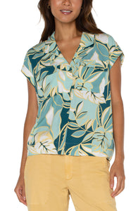 Cropped Dolman Camp Shirt with Hidden Placket Teal Tropical
