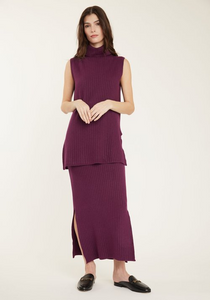 Sleeveless Ribbed Knit Turtle Neck with Split Sides Prune