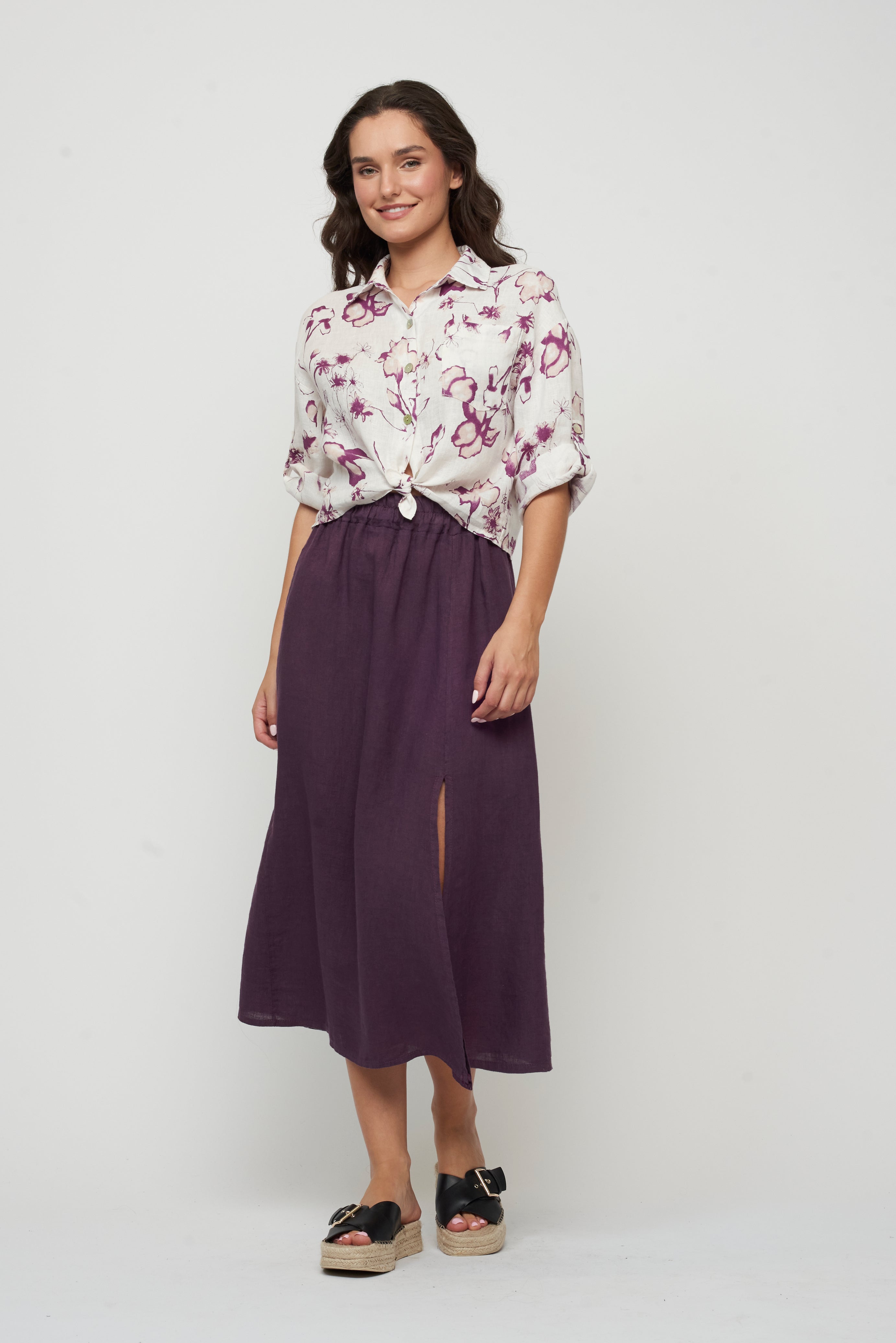 Linen Skirt with Slit Deep Violet