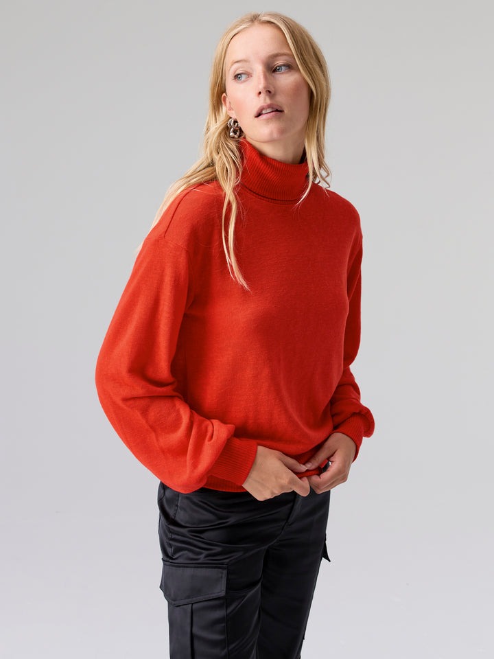 Ruched Sleeve Turtle Neck Top Lipstick