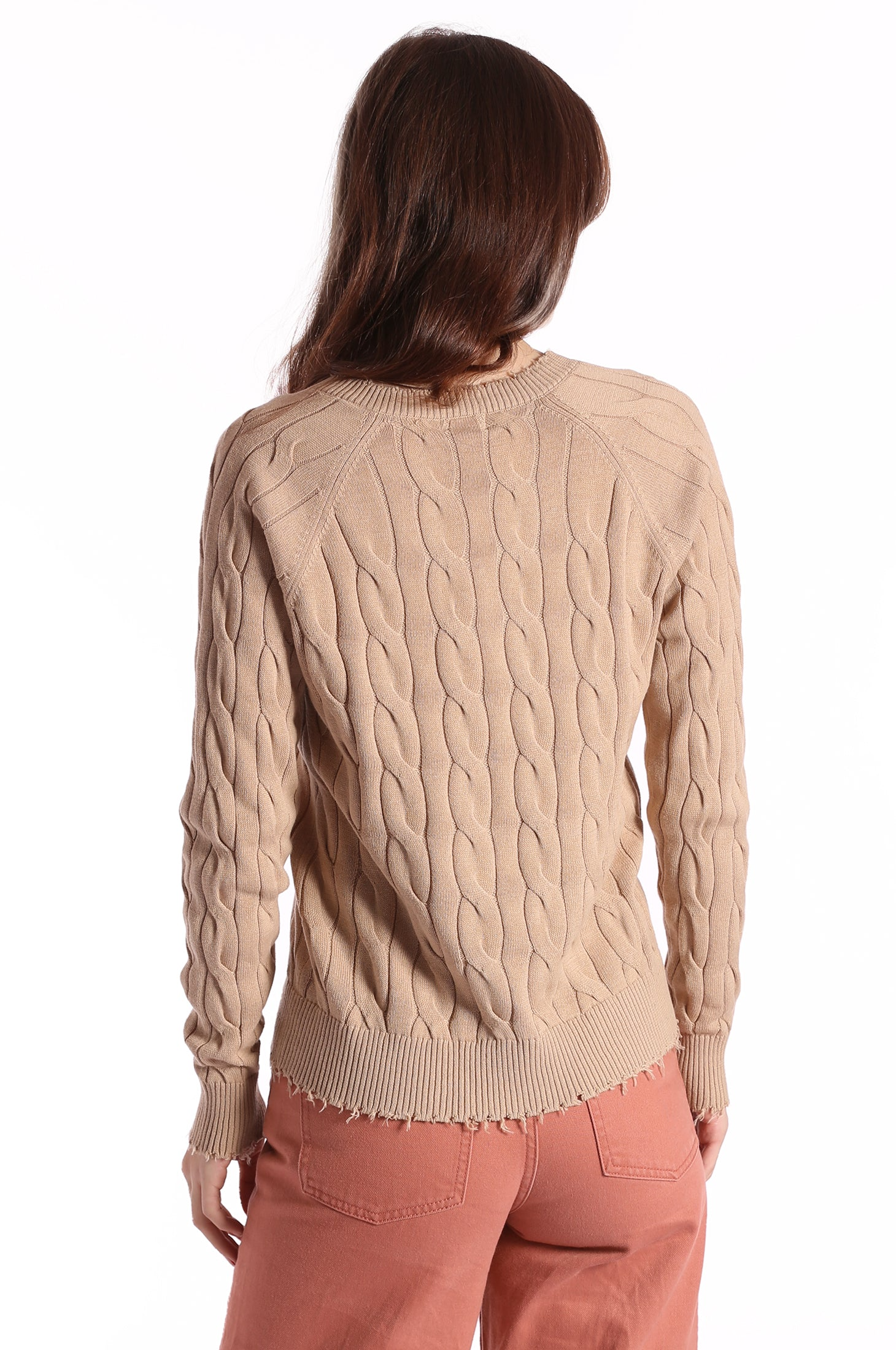 Cotton Cable Long Sleeve V-Neck with Frayed Edges Brown Sugar