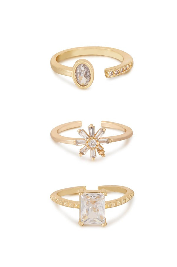 Delicate Daisy Crystal 18k Gold Plated Ring Set One Size