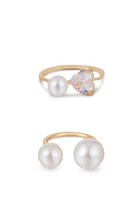 Multi-Pearl & Crystal 18k Gold Plated Adjustable Ring Set One Size