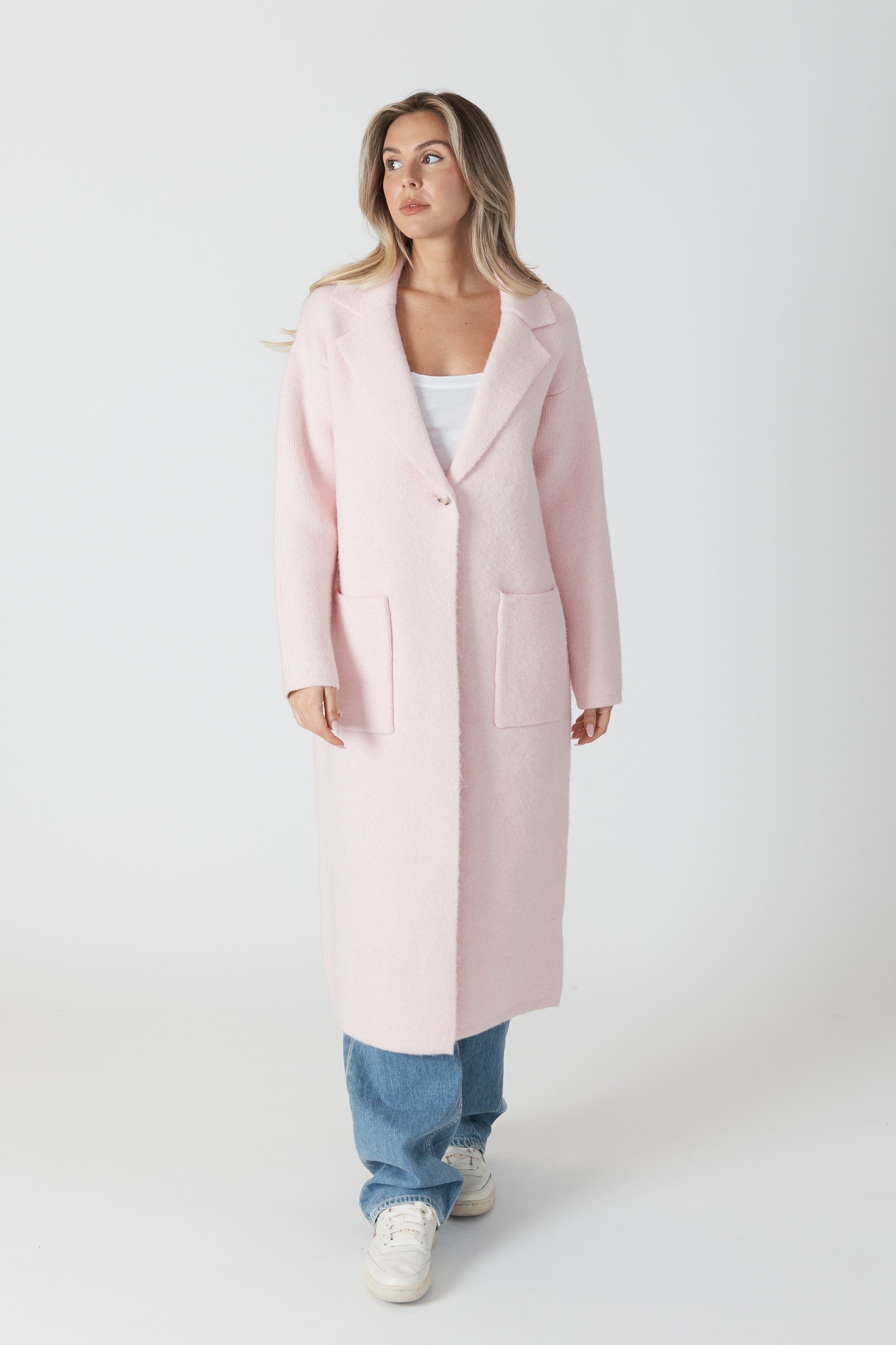 JIMMI Eco Checked Long Coat with Pockets Pink