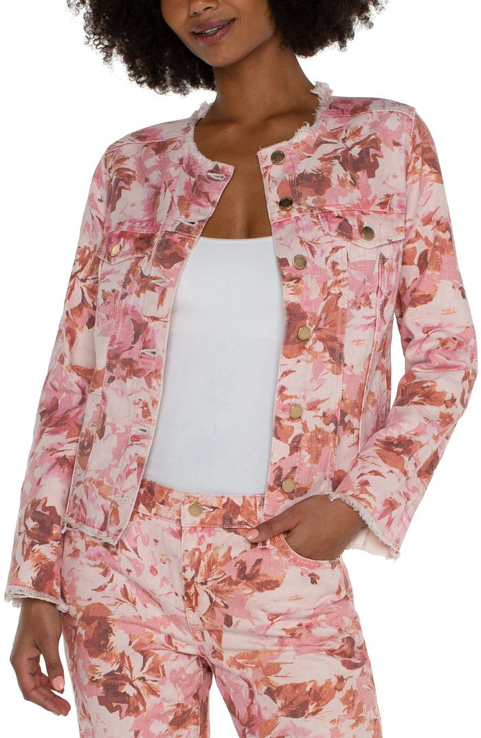 Classic Jean Jacket with Fray Hem Pink Floral