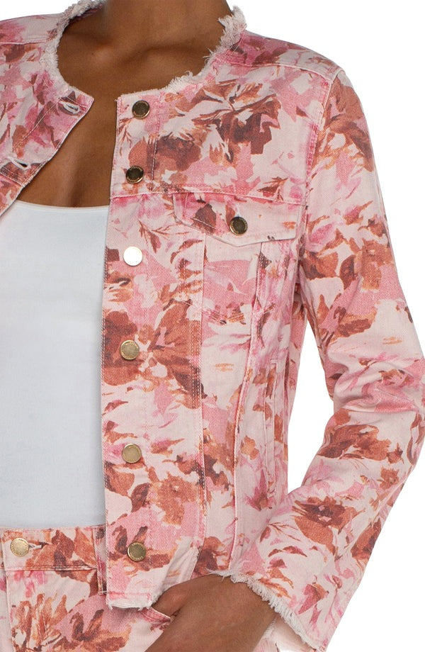 Classic Jean Jacket with Fray Hem Pink Floral