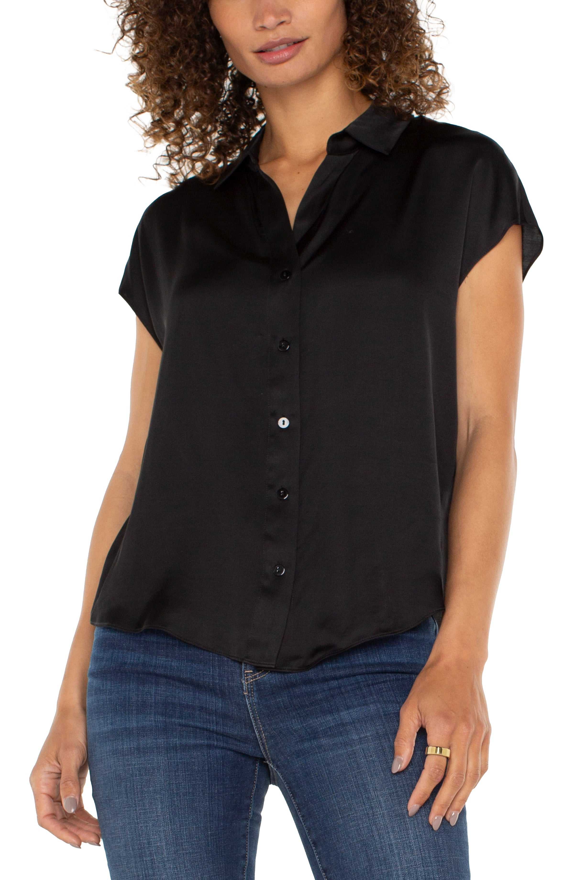 Button Front Dolman Sleeve Blouse Black