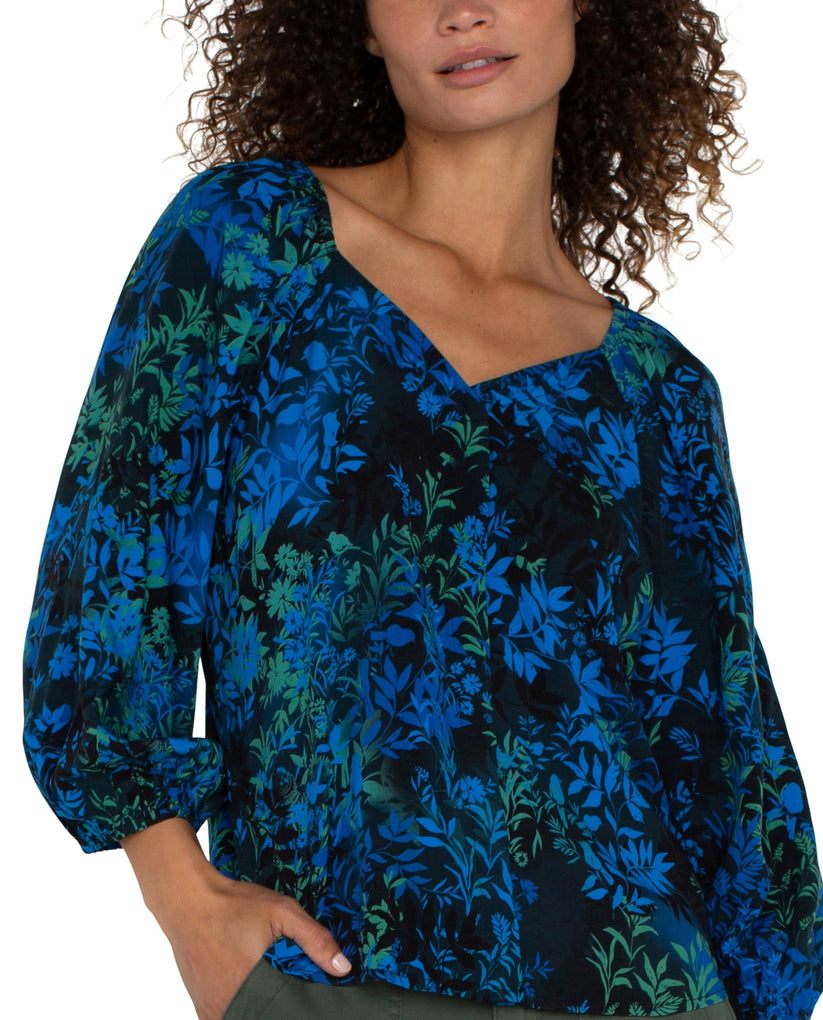 Sweetheart Neck Blouse 3/4 Sleeve Blue Topaz Multi