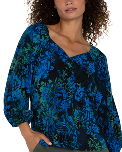 Sweetheart Neck Blouse 3/4 Sleeve Blue Topaz Multi