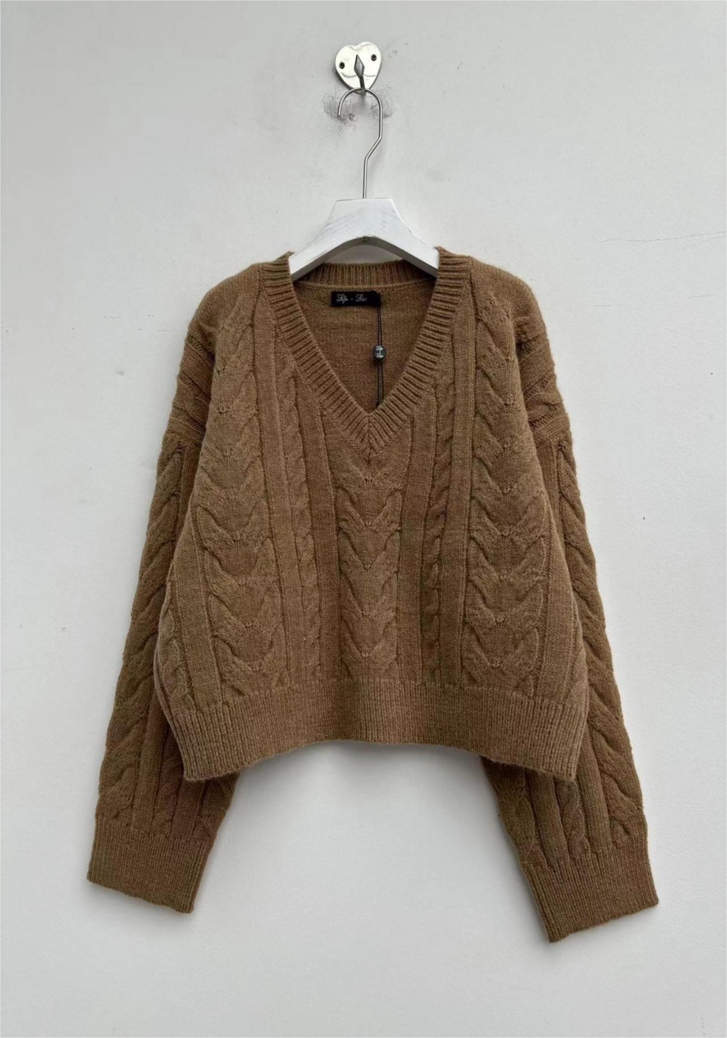 MYLA V-neck Sweater with Cable Detail Camel