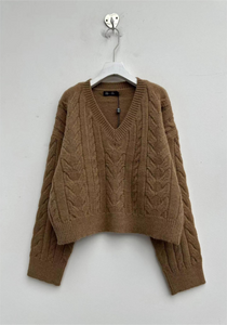 MYLA V-neck Sweater with Cable Detail Camel