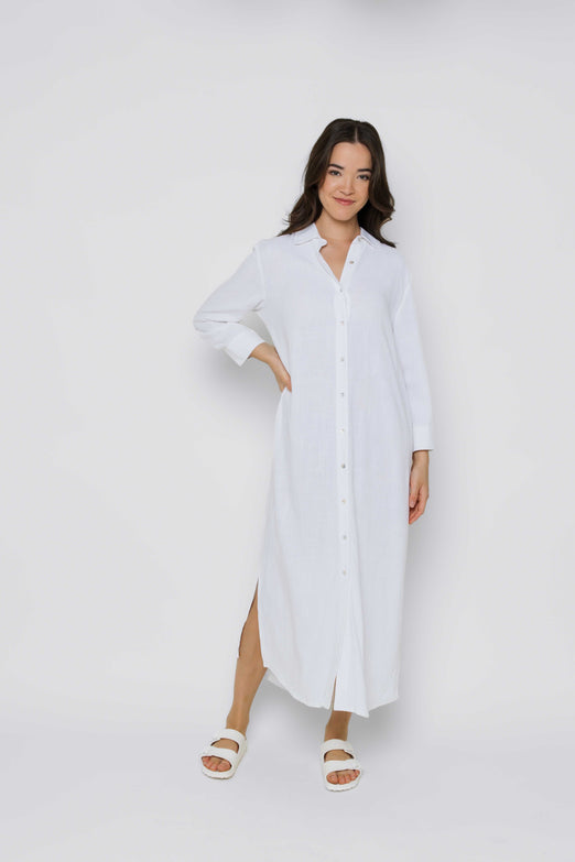 Meg Midi Length Button Up White