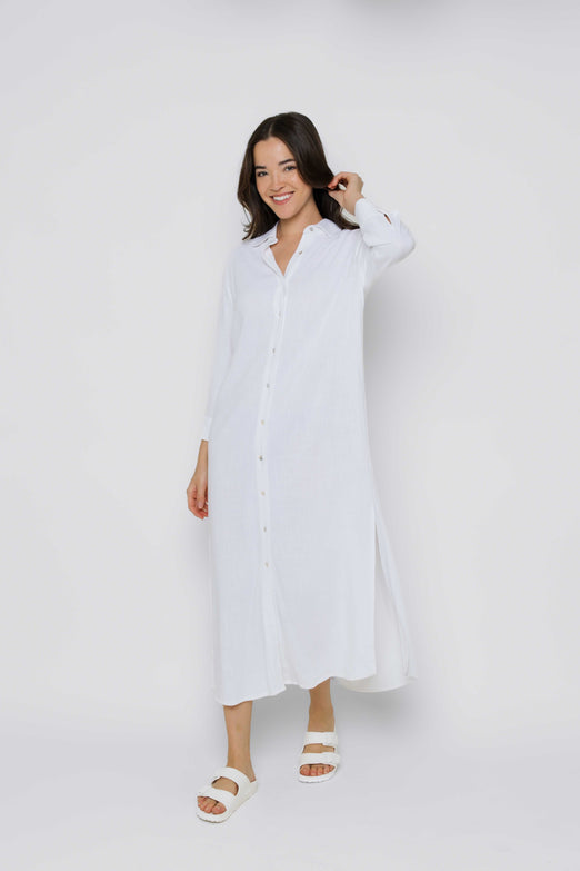 Meg Midi Length Button Up White