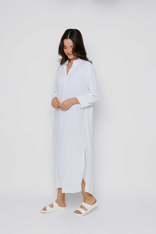 Meg Midi Length Button Up White