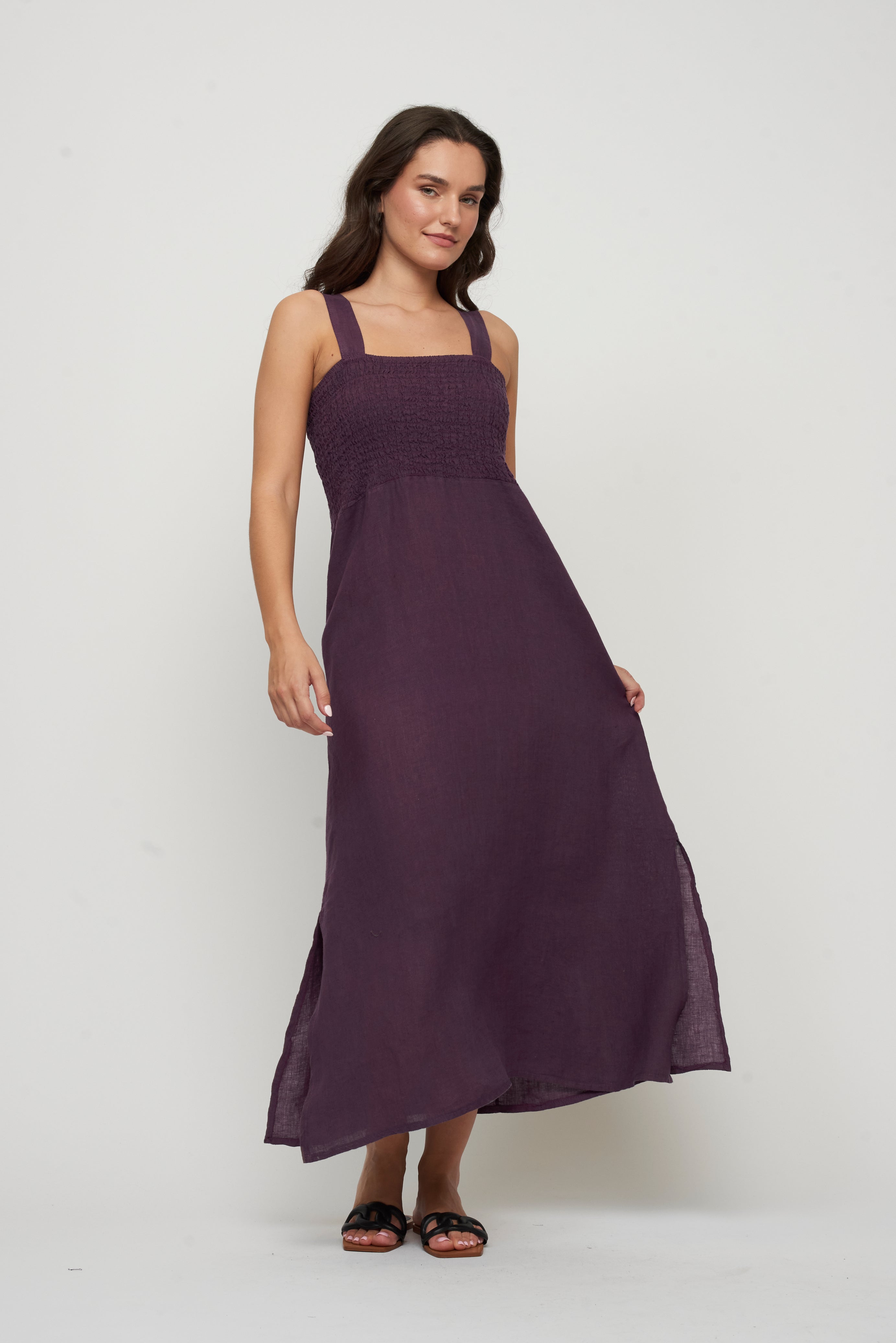 Maxi Linen Bunched Top Sleeveles Dress Deep Violet