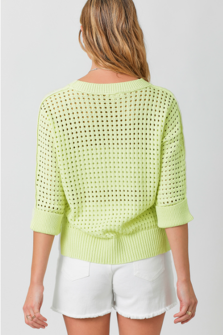 3/4 Sleeve Open Stitch High Low Sweater Lime