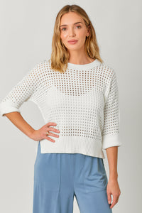 3/4 Sleeve Open Stitch High Low Sweater Off White