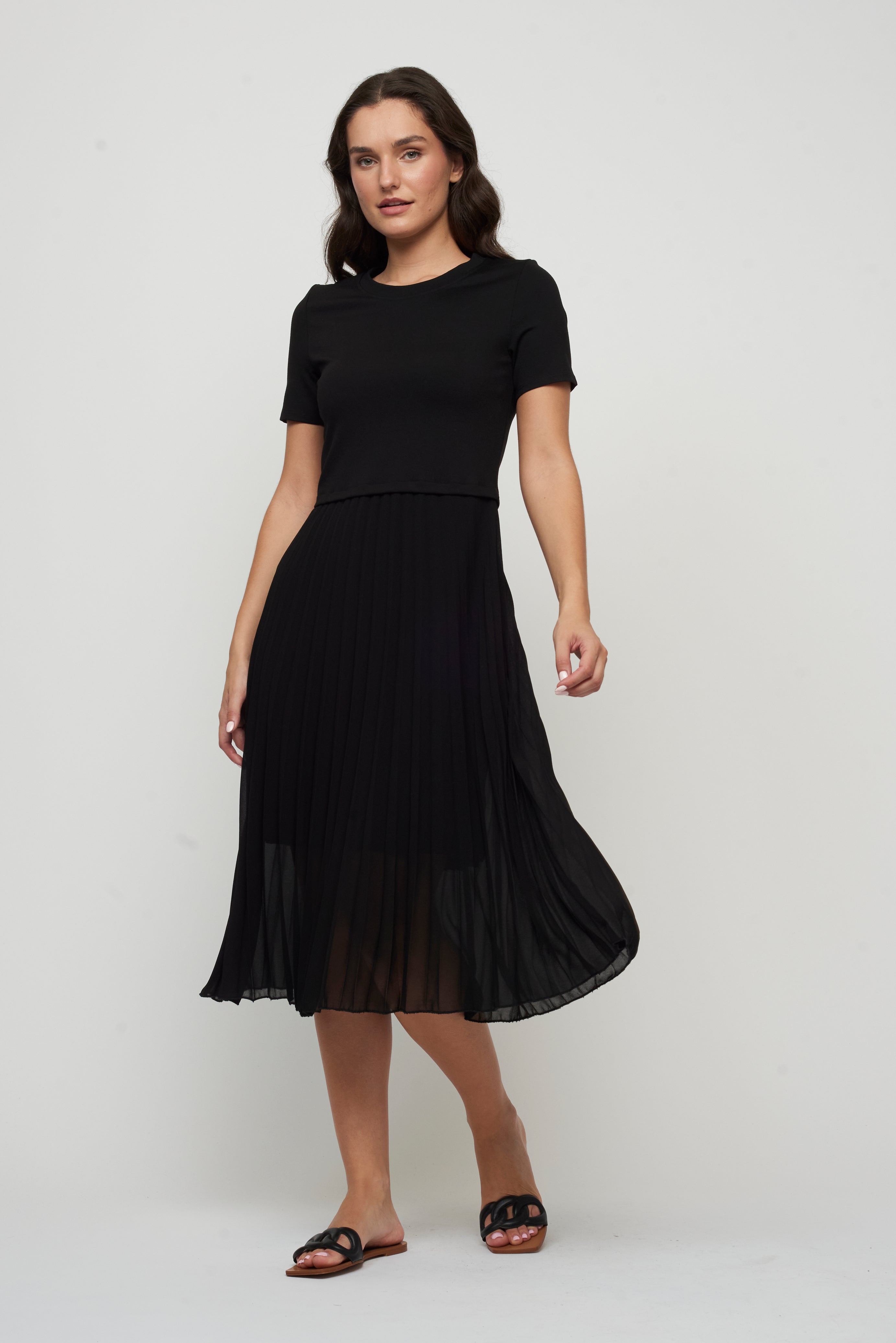 Ponte Dress with Pleated Georgette Bottom Black