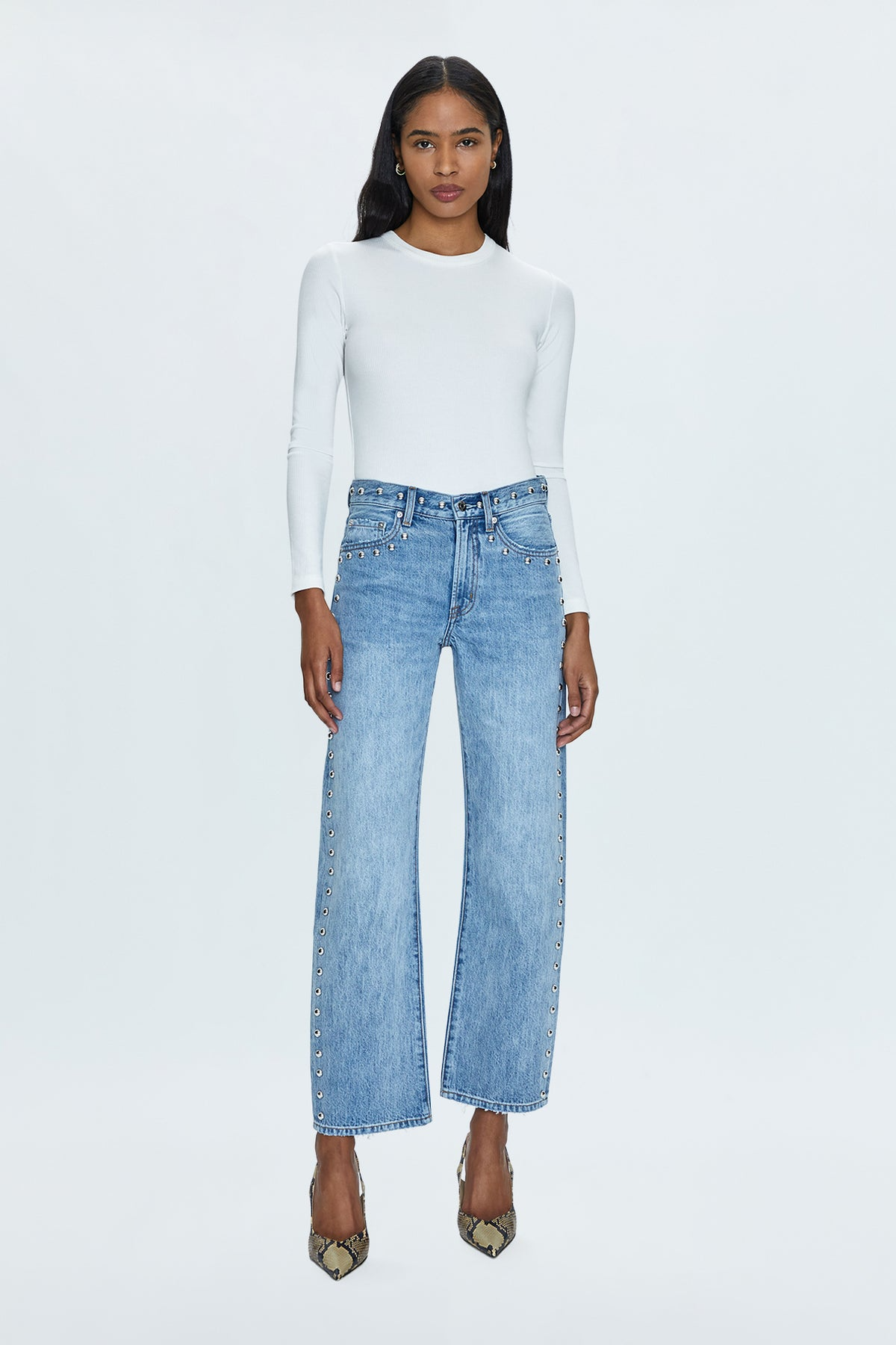 Lexi Mid Rise Bowed Straight Denim Satellite