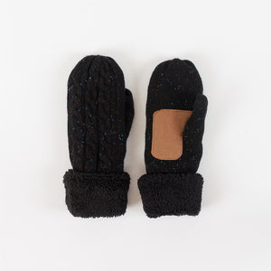 Sherpa Lined Cable Knit Mittens with Patch Black Fleck