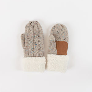 Sherpa Lined Cable Knit Mittens with Patch Oat Fleck
