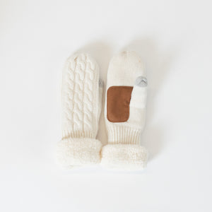 Sherpa Lined Cable Knit Mittens with Patch White