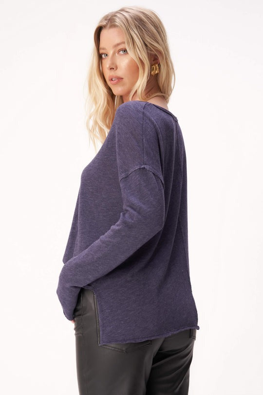 The Mae Textured Relaxed V-Neck Long Sleeve - Galaxy Blue