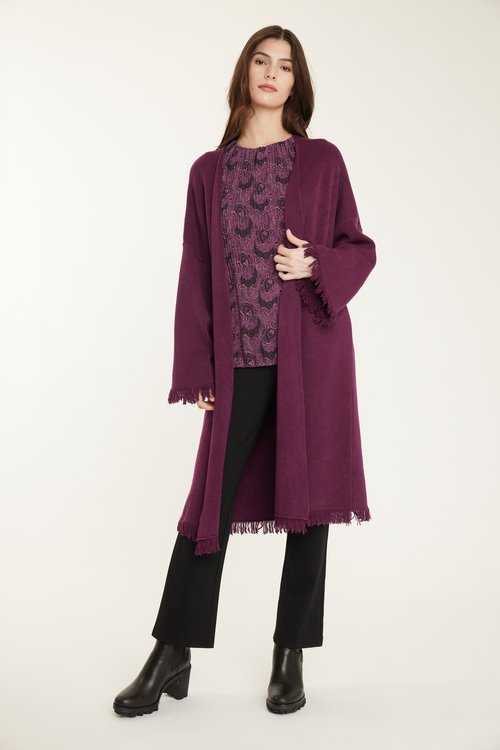 Long Knit Fringe Coat Prune