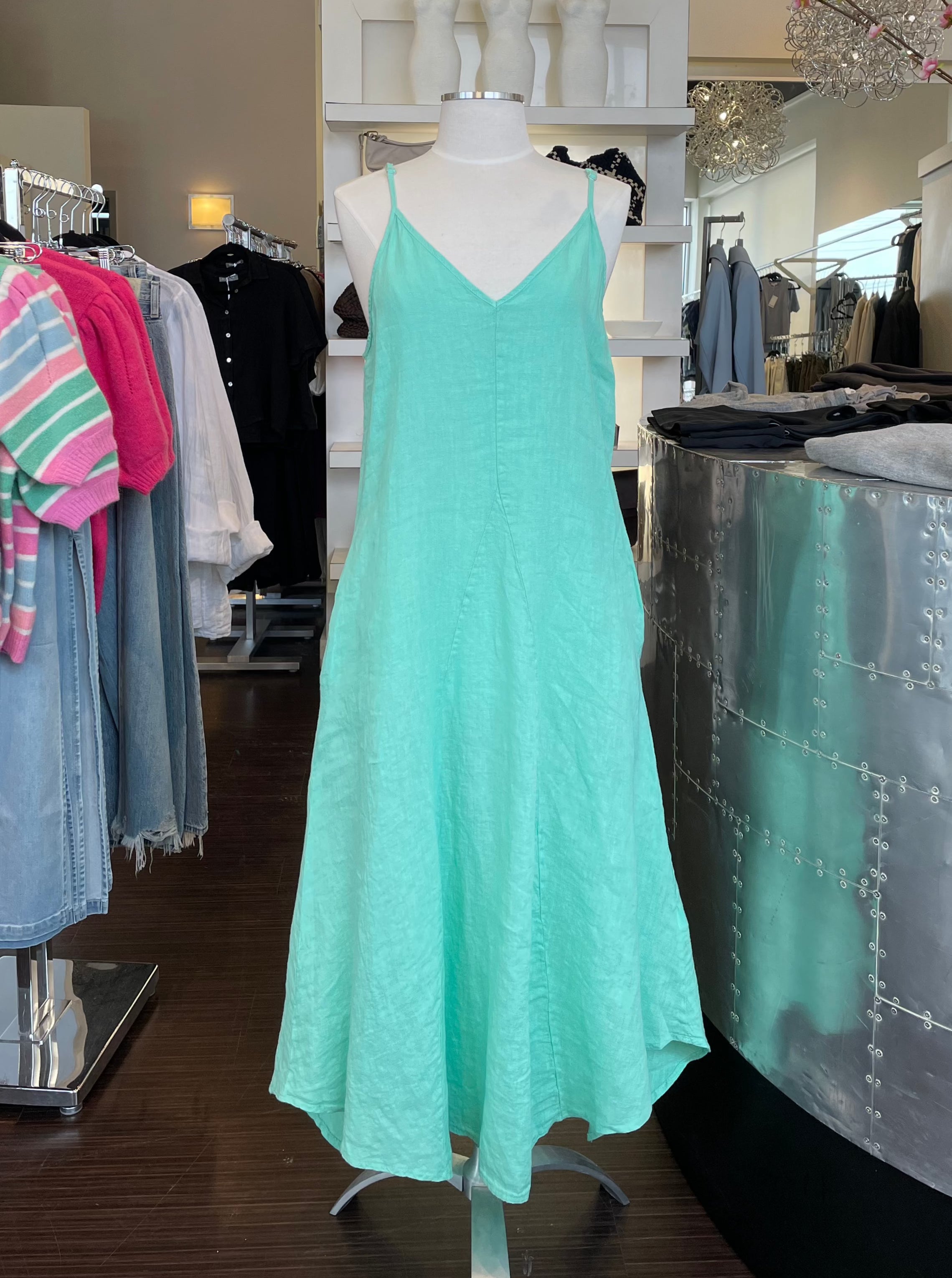 Shaina Linen Spaghetti Strap Floaty Maxi Dress Aqua