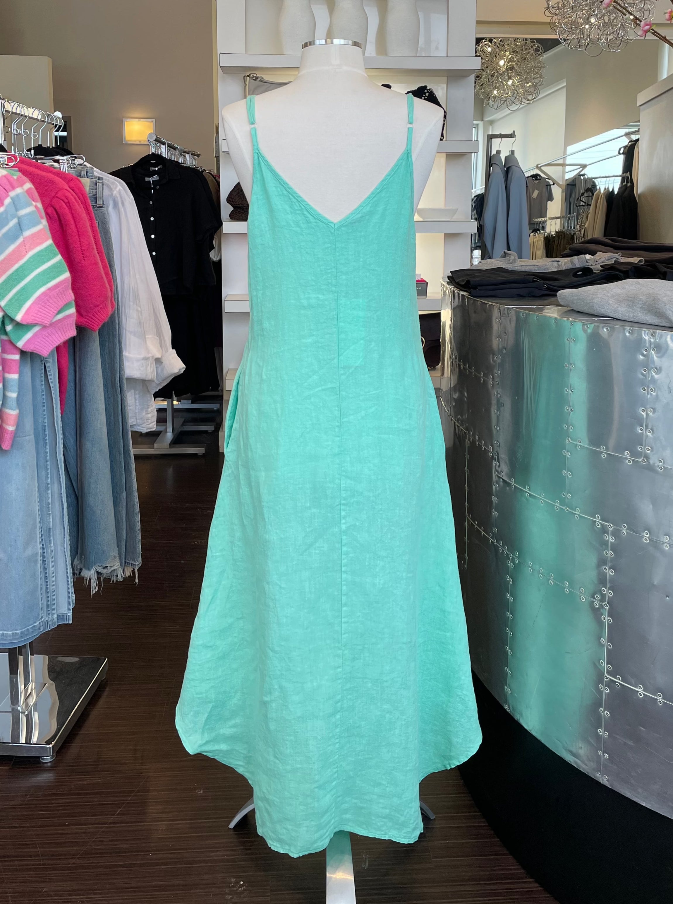 Shaina Linen Spaghetti Strap Floaty Maxi Dress Aqua