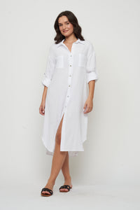 Long Waffled Cotton Shirt Dress White