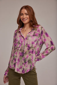 Full Button Down Hipster Blouse - Floral Camo Print