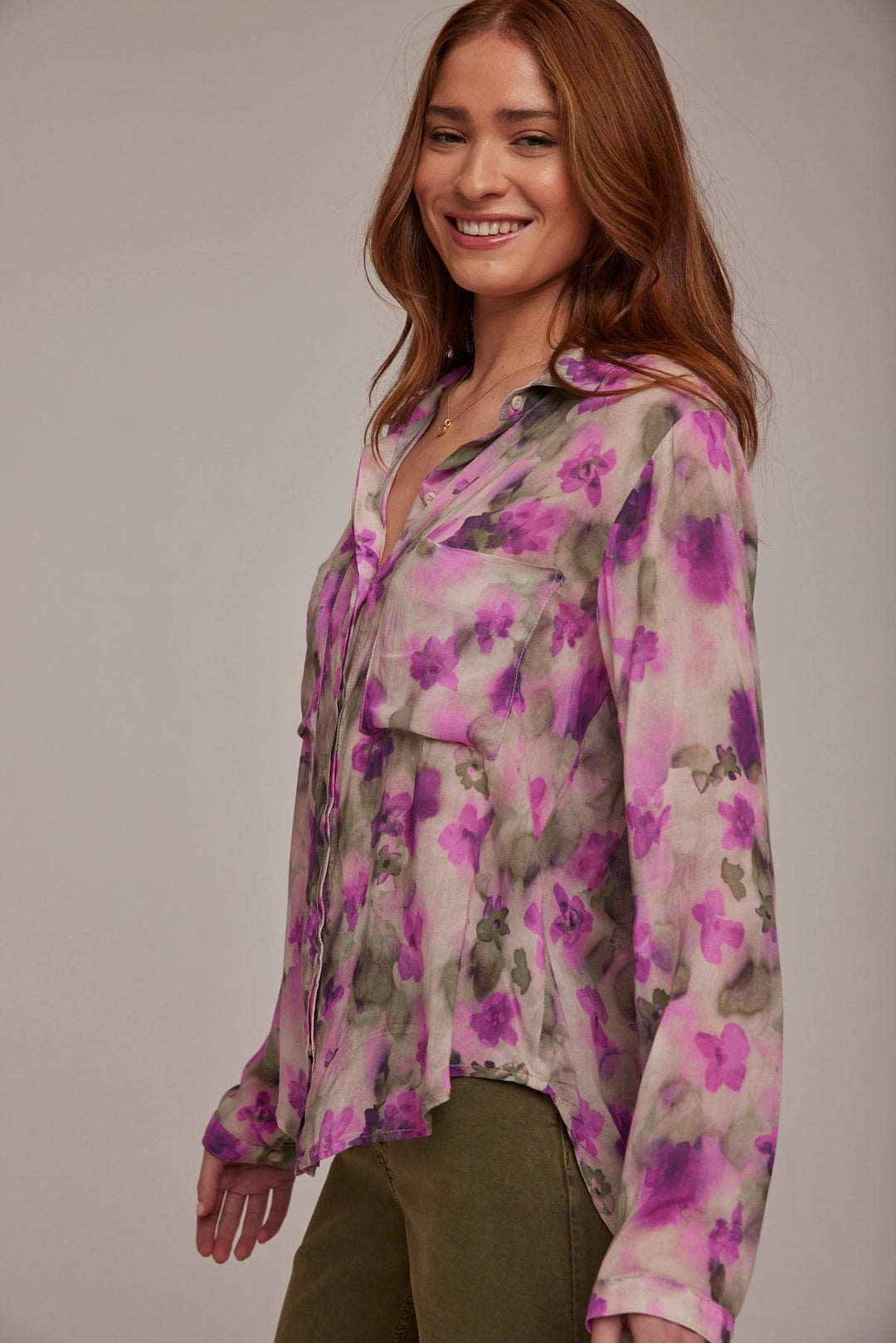 Full Button Down Hipster Blouse - Floral Camo Print