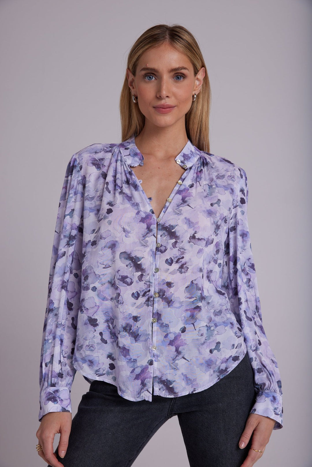 Shirred Button Down Blouse - Lilac Floret Print