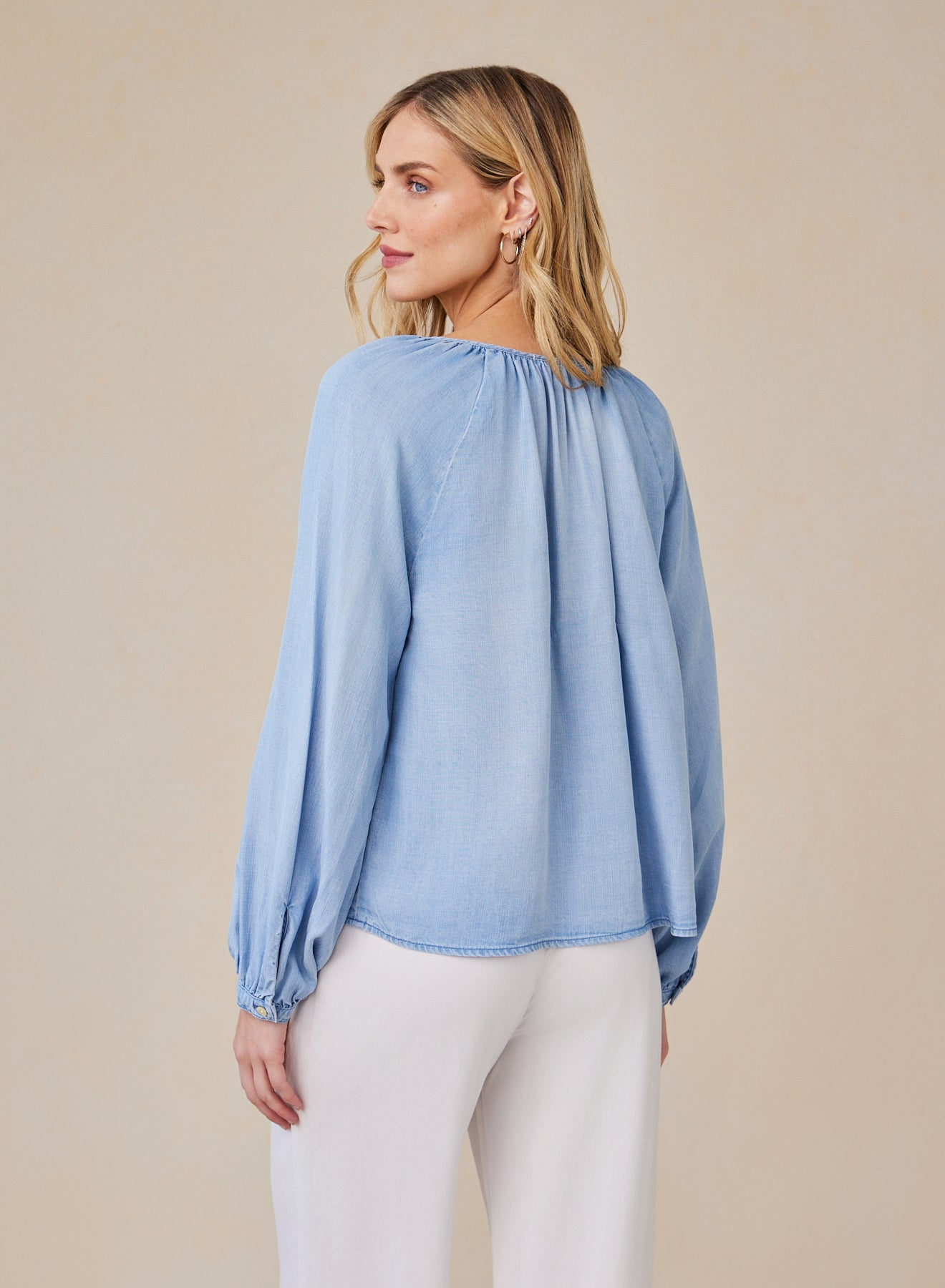 Shirred Raglan Tie Front Blouse