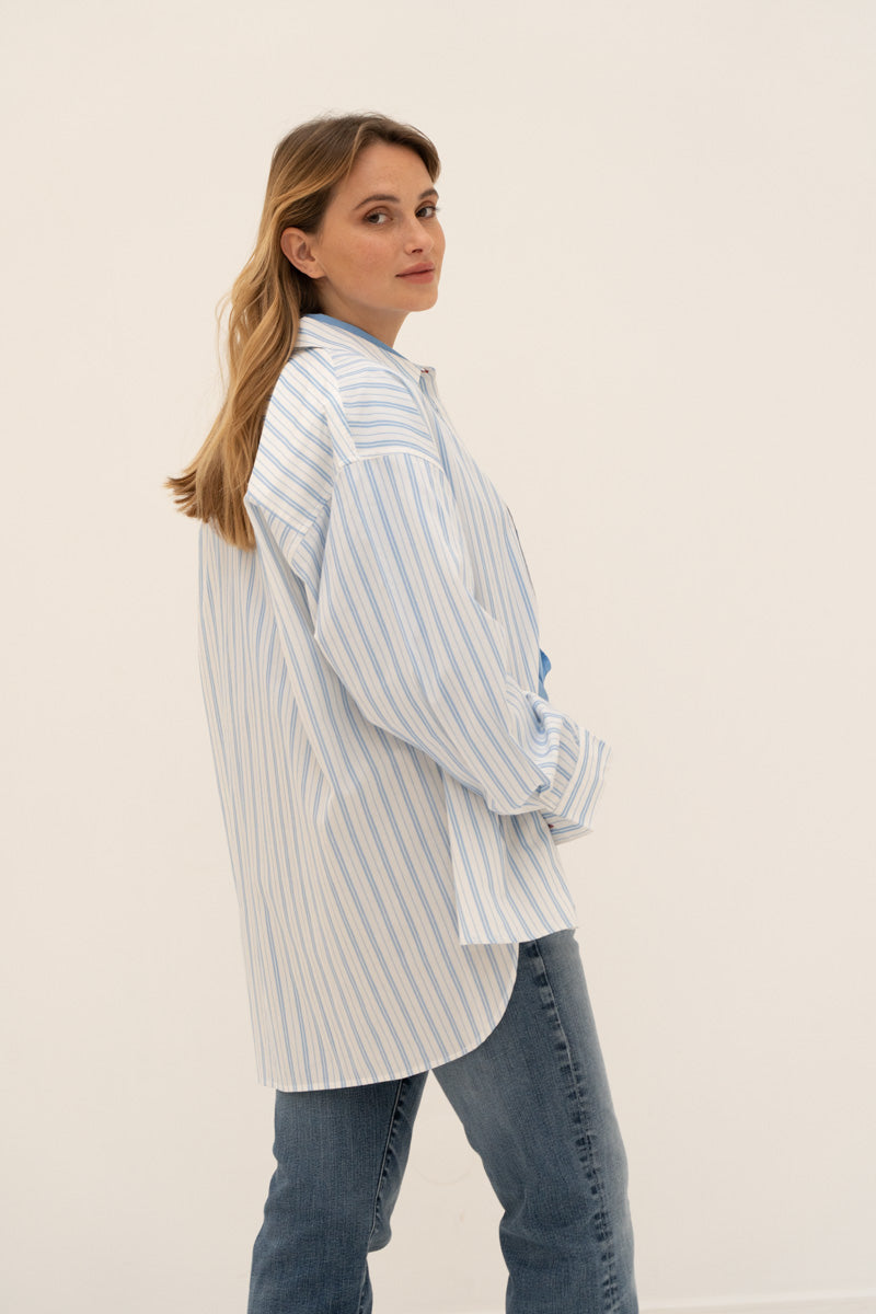 Dolly Striped Oversized Button Down Long Sleeve Azur Blue