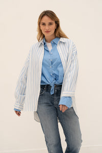 Dolly Striped Oversized Button Down Long Sleeve Azur Blue