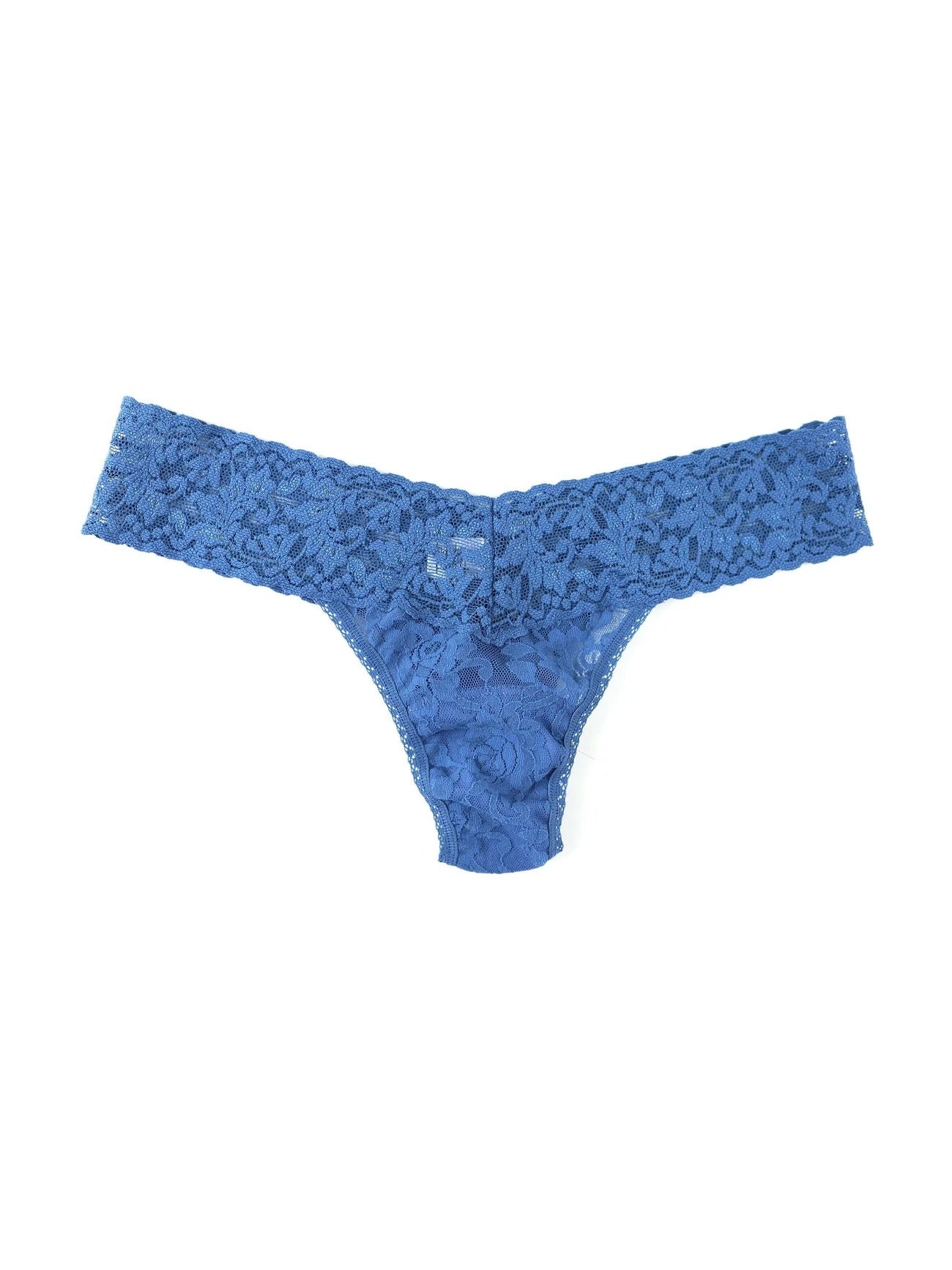 Satin Lace Trim Logo Waistband Thong, Blue